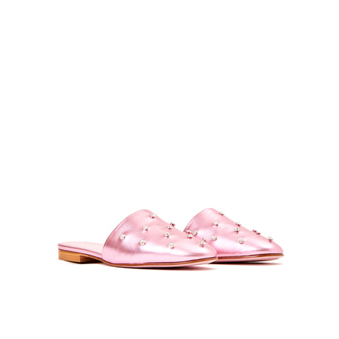 Phare crystal embellished slipper in rosa metallic leather 3/4 view 
