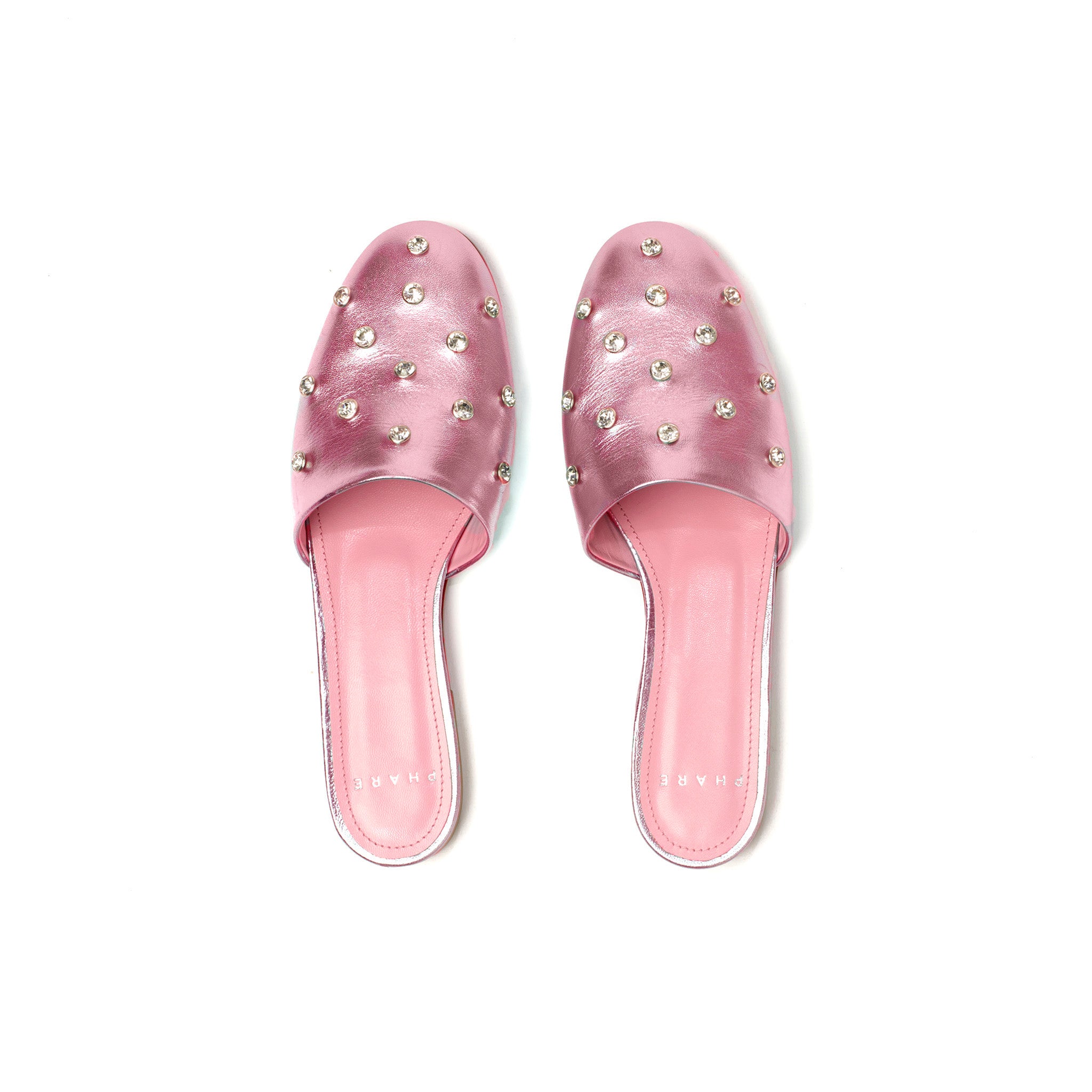 Phare crystal embellished slipper in rosa metallic leather top view 