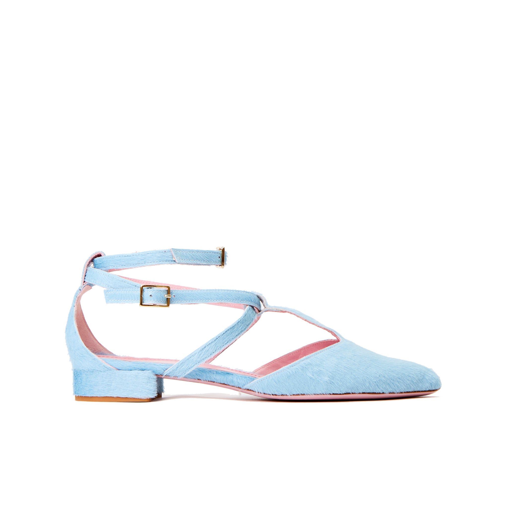 Phare ankle strap pointed flat in light blue pony hair