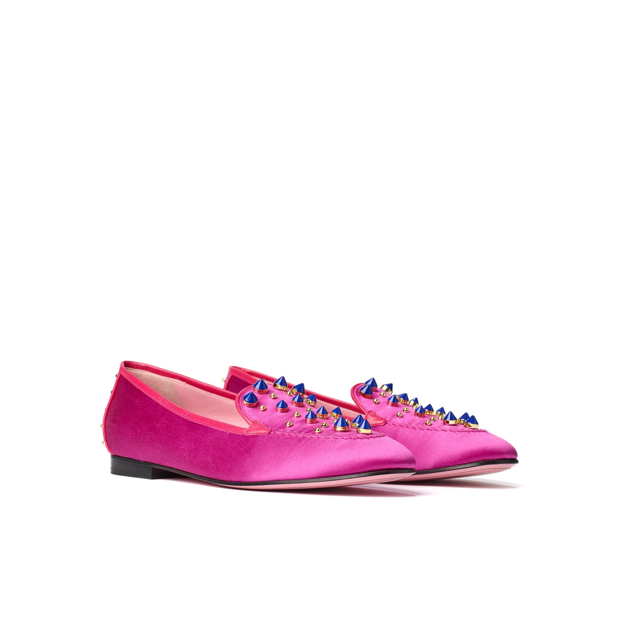 Phare Studded loafer in magenta silk satin with blue and gold studs 3/4 view 