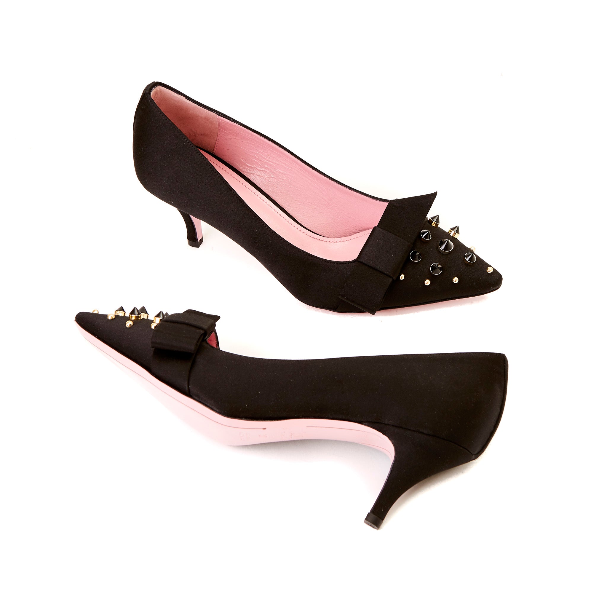 Phare studded kitten heel in black silk satin with black and gold studs sole view 