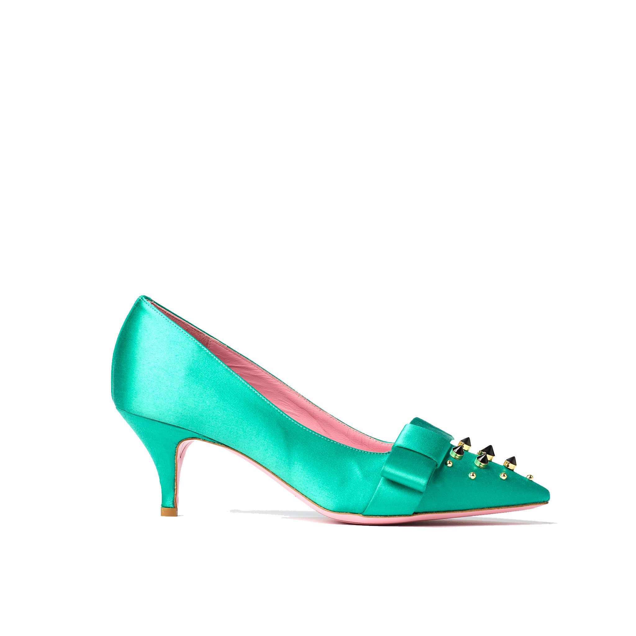 Phare studded kitten heel in verde silk satin with black and gold studs