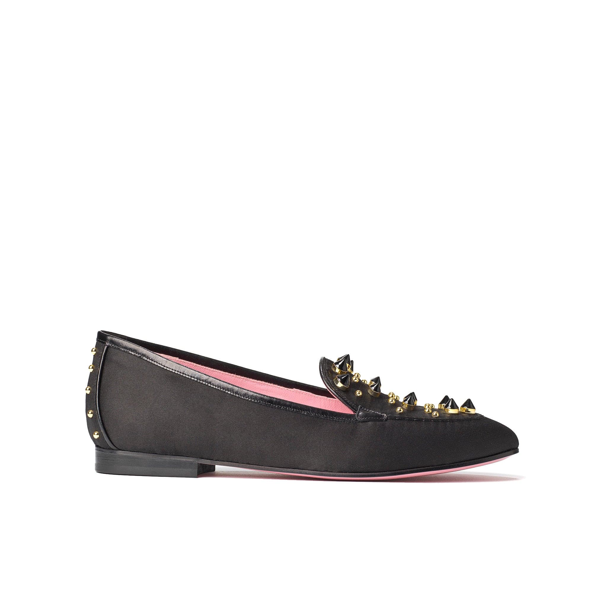 Phare studded loafer in black silk satin with black gold studs