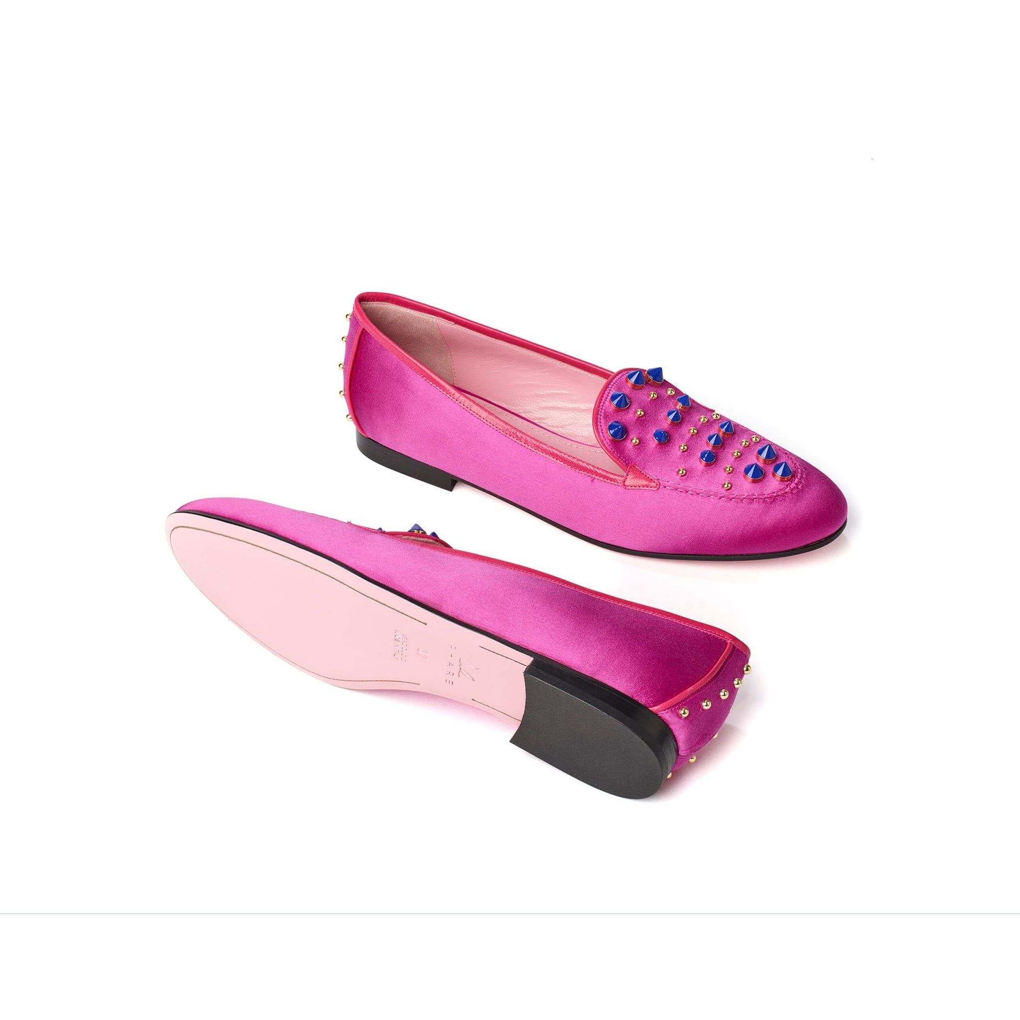 Phare Studded loafer in magenta silk satin with blue and gold studs sole view 