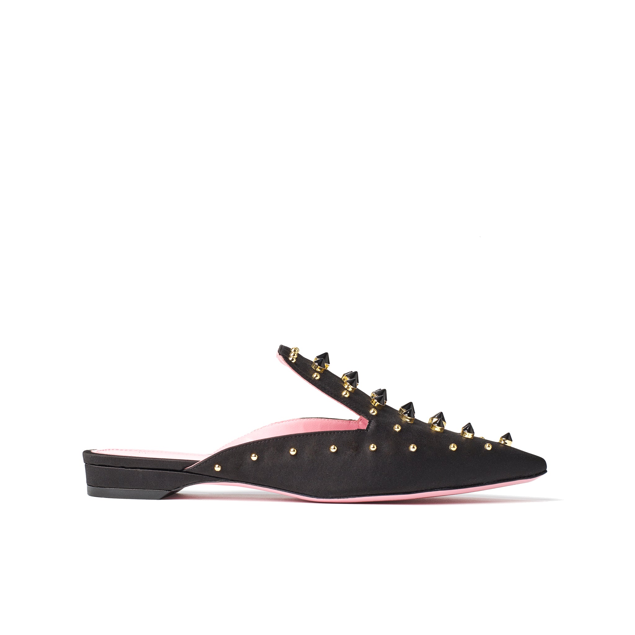 Phare Studded mule in black silk satin with gold and black studs