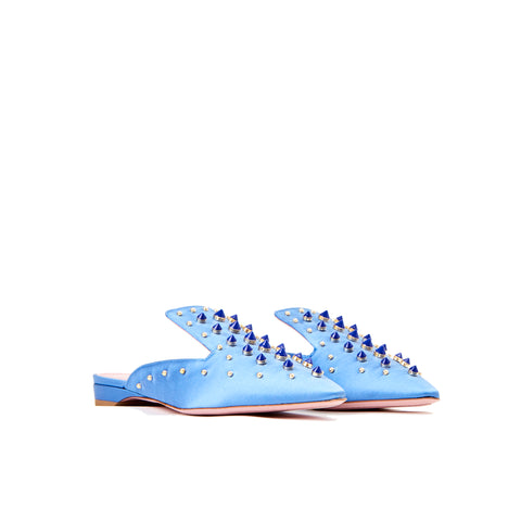 Phare Studded mule in cielo silk satin with blue and gold studs 3/4 view 