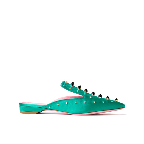 Phare Studded mule in verde silk satin with black and gold studs