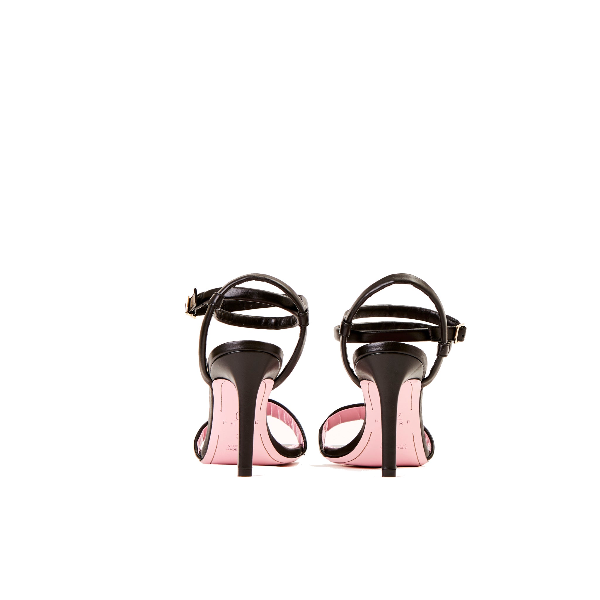 Phare Wrap ankle strap high heel sandal in black leather back view 