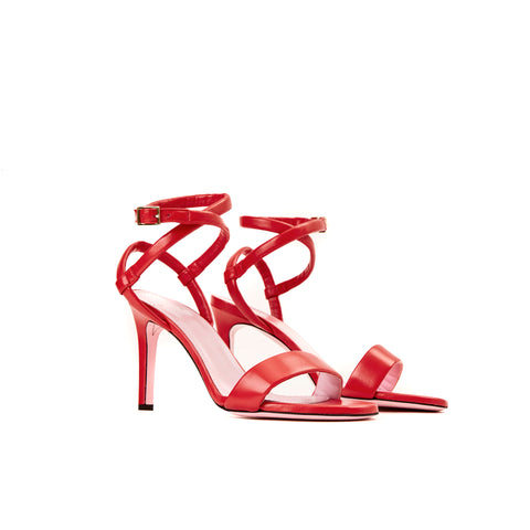 Phare Wrap ankle strap high heel sandal in red leather 3/4 view 