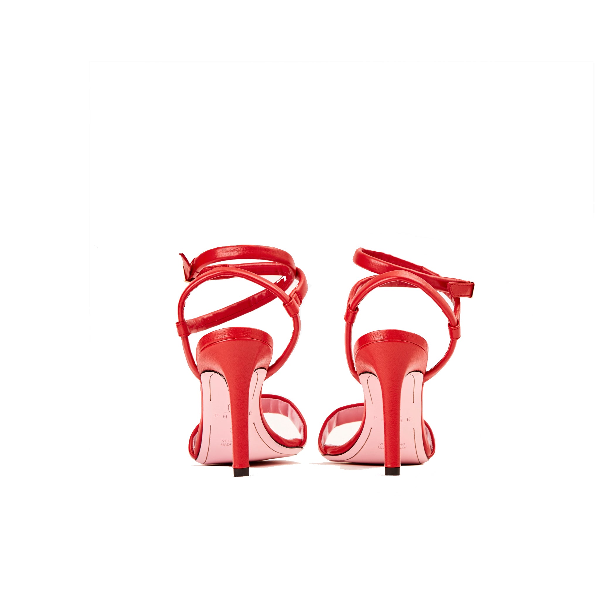 Phare Wrap ankle strap high heel sandal in red leather back view
